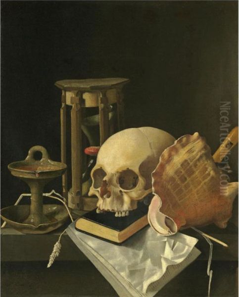 A Vanitas Still Life, With A Skull, An Hourglass, An Oil Lamp, Aconch Shell, A Closed Book, A Recorder, A Musical Score, Togetherwith Some Scattered Ears Of Corn, All Upon A Stone Ledge Oil Painting by Adriaen Coorte