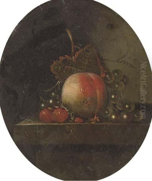 A Peach, Grapes On The Vine, Strawberries And Blueberries On A Stone Ledge Oil Painting by Adriaen Coorte