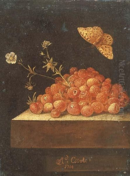 Stawberries In A Pot On A Stone Ledge With A Butterfly Oil Painting by Adriaen Coorte