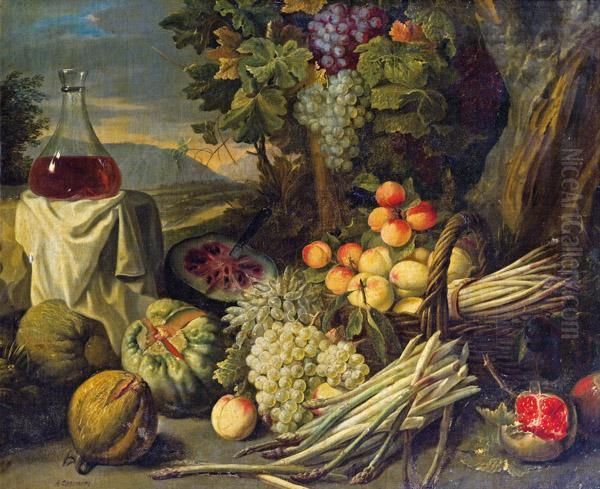 Stillleben Mit Fruchten, Spargel Und Einer Weinkaraffe Oil Painting by Alexander Coosemans