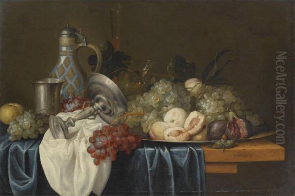 Still Life With Bunches Of Grapes, Peaches And Figs On A Pewter Dish, Together With A Silver Beaker And Tazza, A Wine Glass, A Flute And A Stoneware Jug, On A Table Draped With Blue And White Cloths Oil Painting by Alexander Coosemans