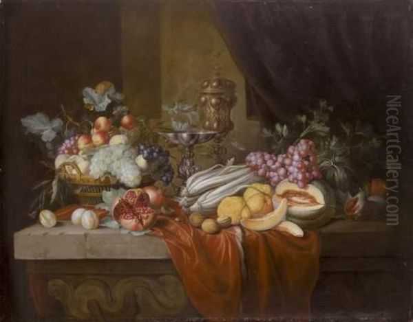 Nature Morte De Fruits, Legumes Et Pieces D'orfevrerie Sur Un Entablement De Pierre Oil Painting by Alexander Coosemans