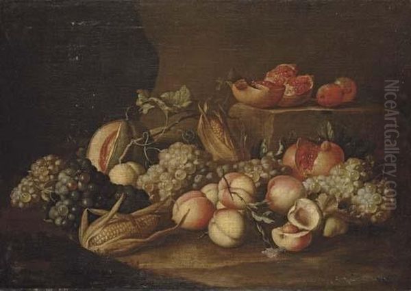 Peaches, Grapes, Corn On The Cob, Pomegranates And A Melon On A Stone Floor Oil Painting by Alexander Coosemans