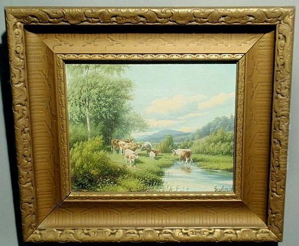 Landscape Painting, With Cows In A Stream Probably Chester County, Pennsylvania Oil Painting by George Cope