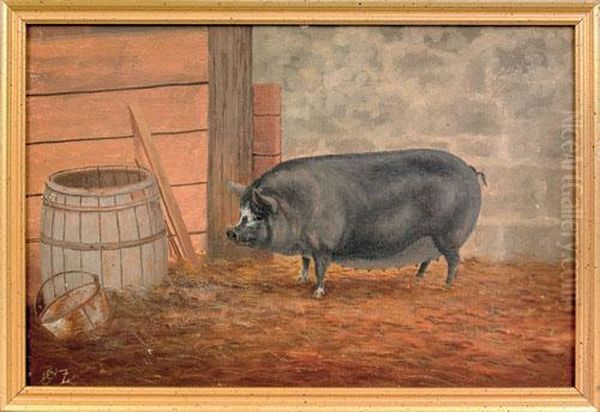 Barn Scene Of A Pig And Barrel Oil Painting by George Cope