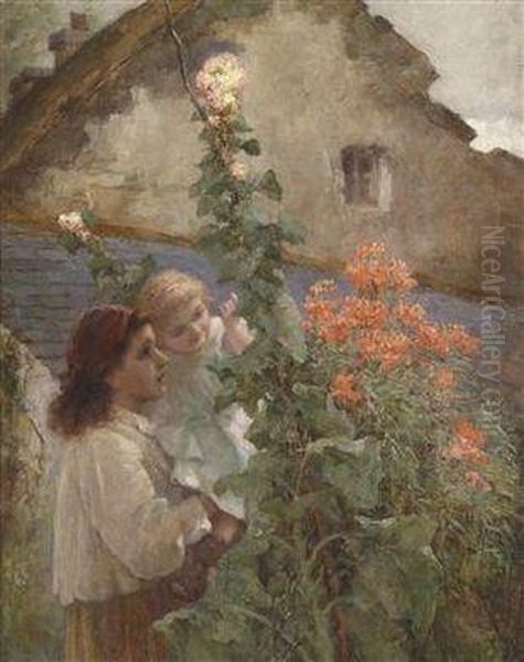 Young Woman Holding A Child Beside Hollyhocks Oil Painting by Constance Getrude Copeman