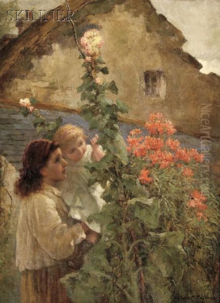 Young Woman Holding A Child Beside Hollyhocks Oil Painting by Constance Getrude Copeman