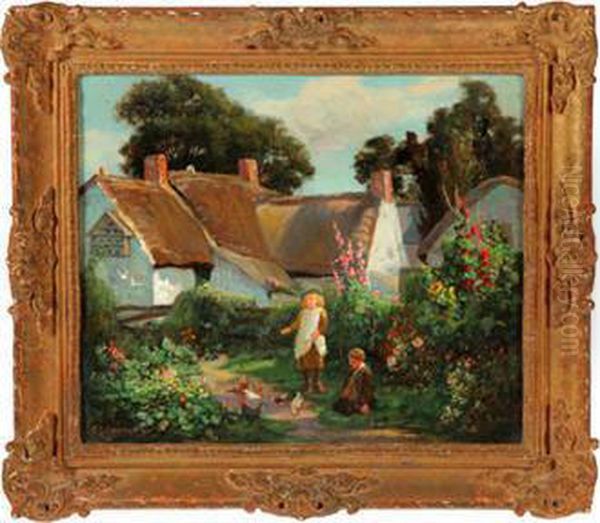 Figures & Cottage Oil Painting by Constance Getrude Copeman