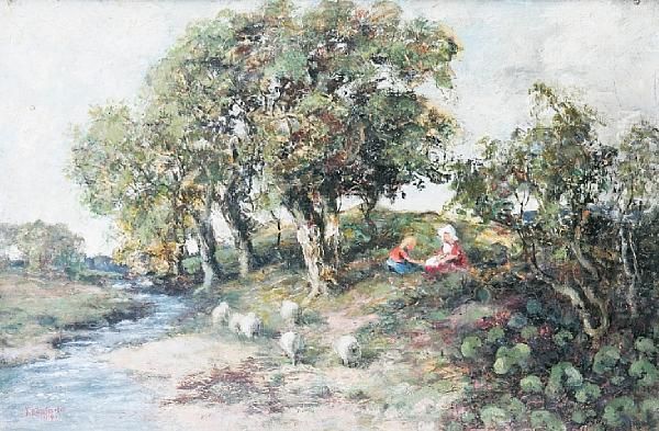 Children By A Burn Oil Painting by John Copland