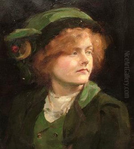 1949 Exh 1894-1937- Portrait Of A Lady Quarter-length In A Green Coat And Hat Turned To The Right Oil Painting by Frank Thomas Copnall