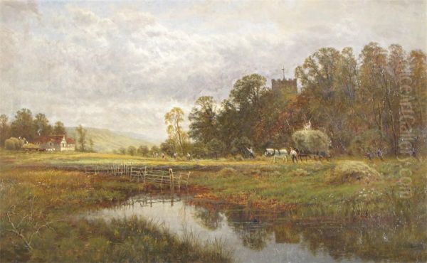 Hay Gatherers In A Meadow By A Church And A Farm Oil Painting by C. Law Coppard