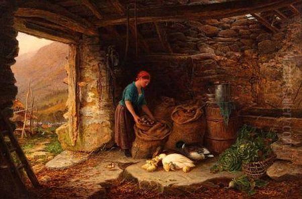 Barn Interior With Young Lady And Ducks Oil Painting by C. Law Coppard