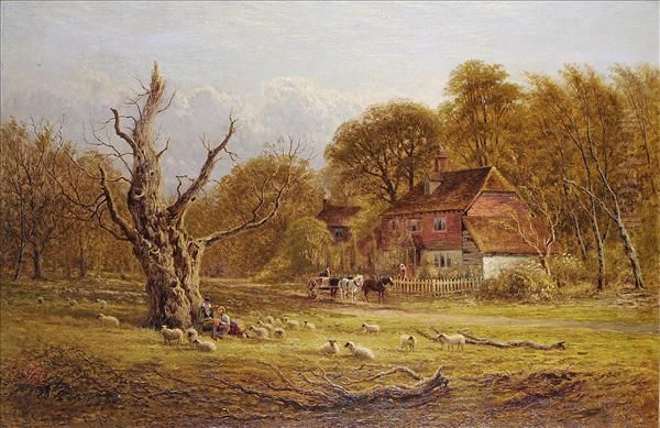 Sheep Andfigures Beneath A Dead Treee In A Landscape Oil Painting by C. Law Coppard