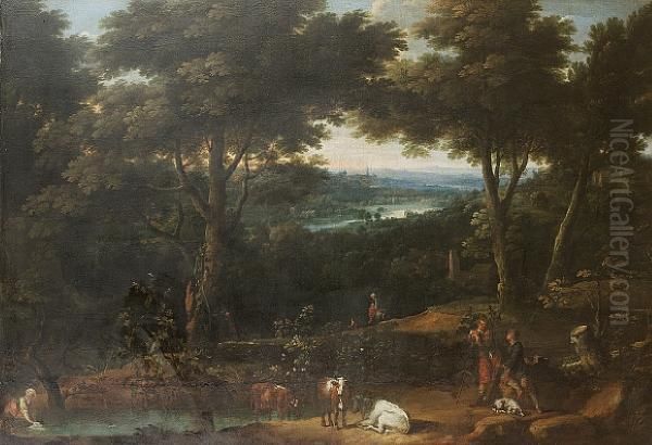 A Pastoral Landscape With Cowherds Restingwith Their Livestock In The Foreground, A Washerwoman At Apool Oil Painting by Francois Coppee