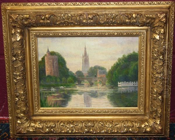 Aube Au Lac L'amour, 
Bruges, 
In Ornate Gilt Frame Oil Painting by Omer Coppens