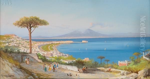 Napoli Da Posillipo Con Popolani Danzanti Oil Painting by Antonio Coppola