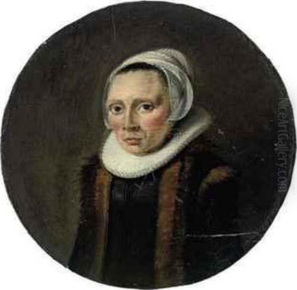 Portrait Of A Lady, Half-length, In A Black Dress And Fur-trimmedcoat With A Ruff And Lace Cap; And Portrait Of A Gentleman,half-length, In A Black Coat And Cap Oil Painting by Gonzales Cocques