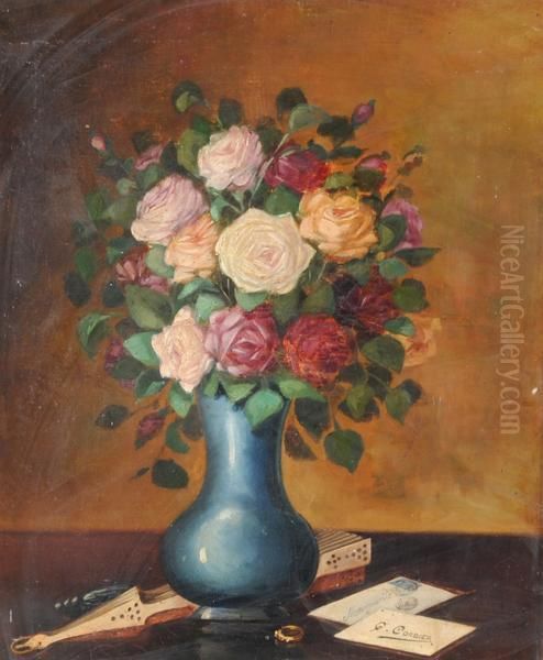 Vaso Di Rose Con Ventaglio, 
Anello E Biglietti Oil Painting by Gaston Corbier