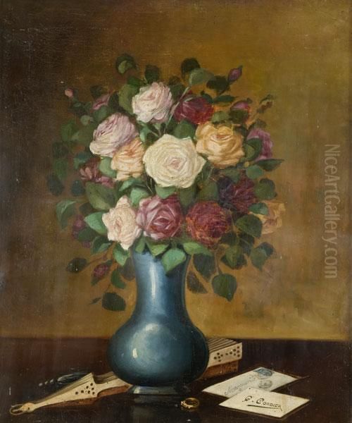 Vaso Di Rose Con Ventaglio E Biglietto Da Visita Oil Painting by Gaston Corbier