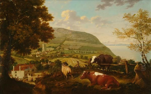 A View Of West Lulworth, Dorset With Cattle And Sheep Oil Painting by Aster R.C. Corbould