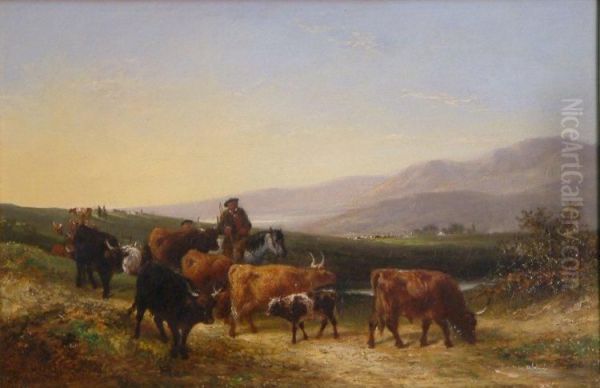 Cattle Drovers In The Highlands Oil Painting by Aster R.C. Corbould