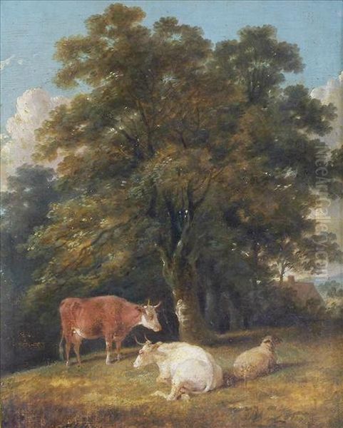 Cattle Andsheep Resting Beneath A Tree Oil Painting by Aster R.C. Corbould