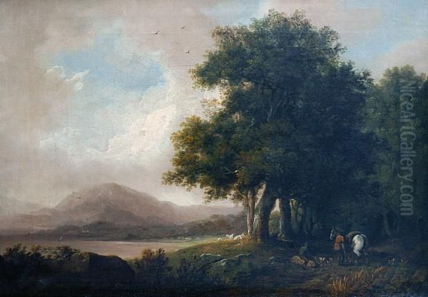 Figures Before A Lake Oil Painting by Richard Corbould