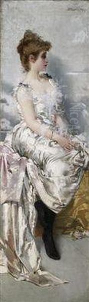 Young Lady In White Dress With Flowers Oil Painting by Vittorio Matteo Corcos