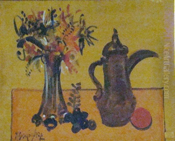 Nature Morte Au Bouquet De Fleurs Et A La Cafetiere Oil Painting by Horacio Sosa Cordero