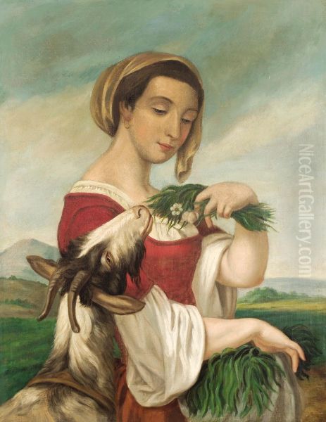 Portrait Of A Woman With A Goat Oil Painting by Juan Cordero