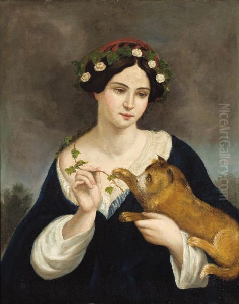 Portrait Of A Woman With A Cat And Ivy Oil Painting by Juan Cordero