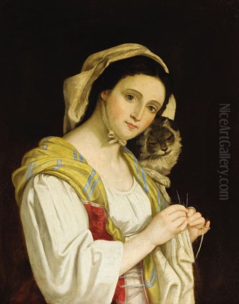 Portrait Of A Woman Knitting With A Cat Oil Painting by Juan Cordero