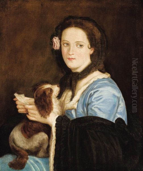 Portrait Of A Woman With A Letter And Dog Oil Painting by Juan Cordero