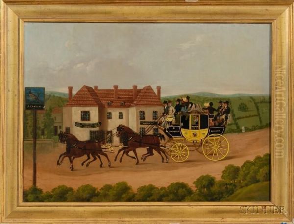 Landscape With Coach, Horses, Travelers, And Inn. Oil Painting by John Cordrey