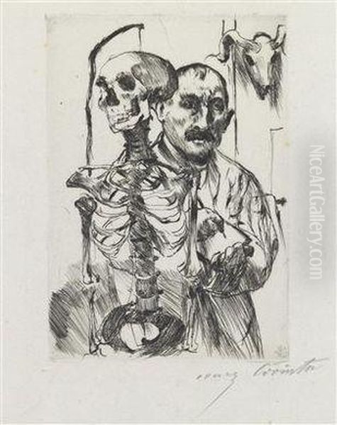 Self Portrait And Portrait Of A Skeleton Oil Painting by Lovis (Franz Heinrich Louis) Corinth