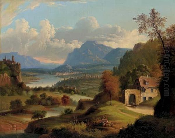 A Panoramic View Of A Valley In The Mountains With A River In The Distance Oil Painting by Michele Felice Corne