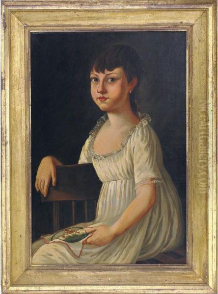 A Portrait Of A Pretty Dark Haired Young Girl Seated With Embroidered Picture Oil Painting by Michele Felice Corne