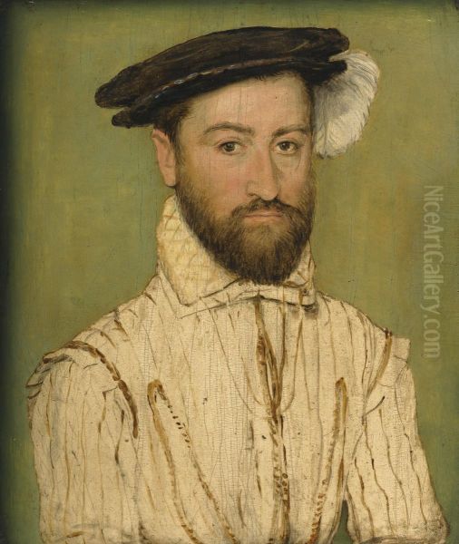 Portrait Of A Bearded Gentleman, In A Black Beret With Whiteplumage Oil Painting by Corneille De Lyon