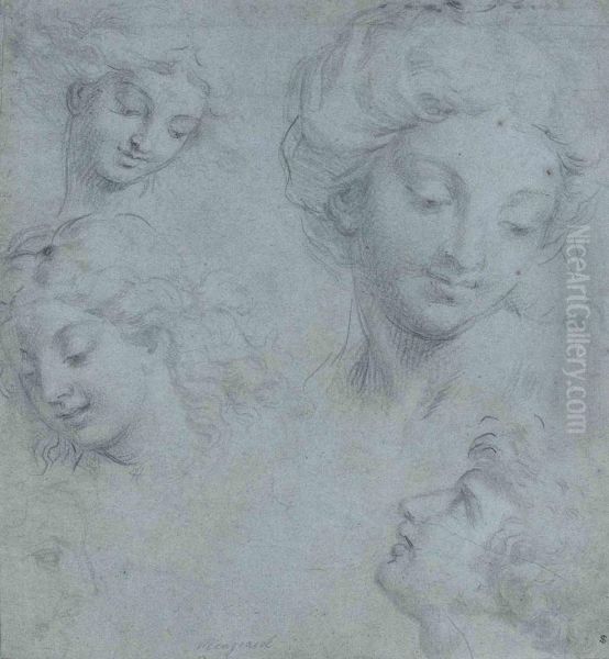 Four Head Studies Of Women And Young Men, An Additional Fainterprofile Of A Head At Lower Left by Michel Corneille II