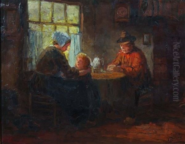 A Kitchen Interior With Family Seated Around A Table Oil Painting by Cornelis Terlouw