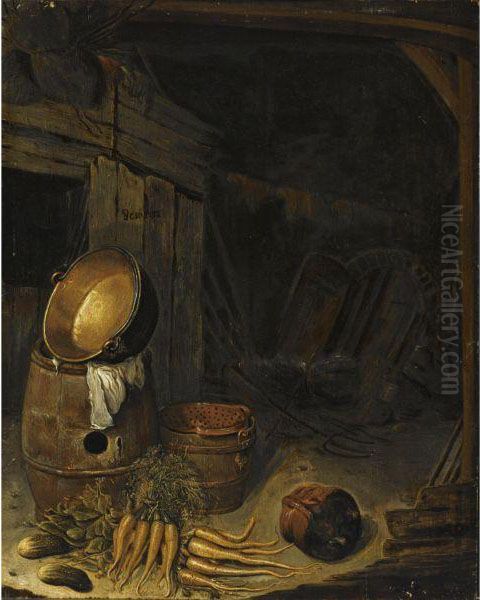 Barn Interior With A Still Life Of Carrots, Gherkins, A Barrel And A Copper Pot, With An Earthenware Bowl And A Strainer Oil Painting by B. Cornelisz