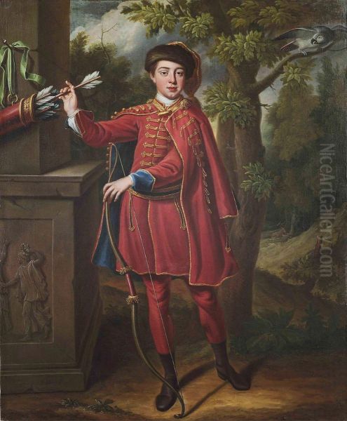 Portrait Of A Huntsman, Full-length, In A Red And Gold Embroideredcloak In A Wooded Landscape Oil Painting by Peter Corner