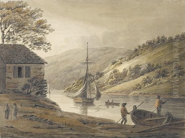 On The River Tamar, From Calstock Passagelooking Up Oil Painting by Hubert Cornish