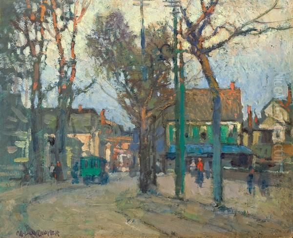 A Village Street Oil Painting by Paul Cornoyer