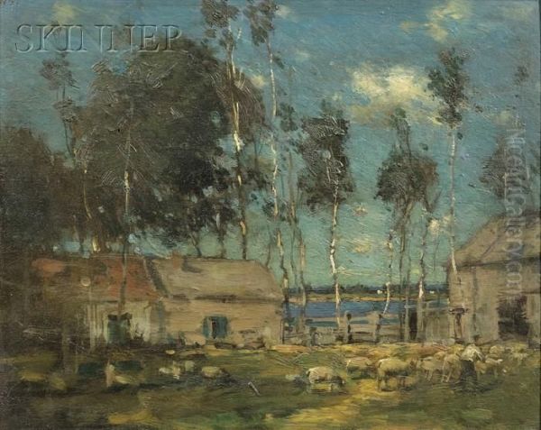 Landscape With Sheep By A River Oil Painting by Paul Cornoyer