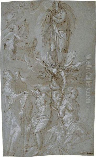 The Immaculate Conception, With Adam And Eve And The Serpent Andtwo Standing Saints Oil Painting by Leonardo Corona