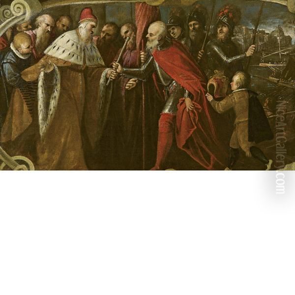 Il Doge Alvise Mocenigo Consegna A Sebastiano Venier Il Bastone Del Comando Oil Painting by Leonardo Corona