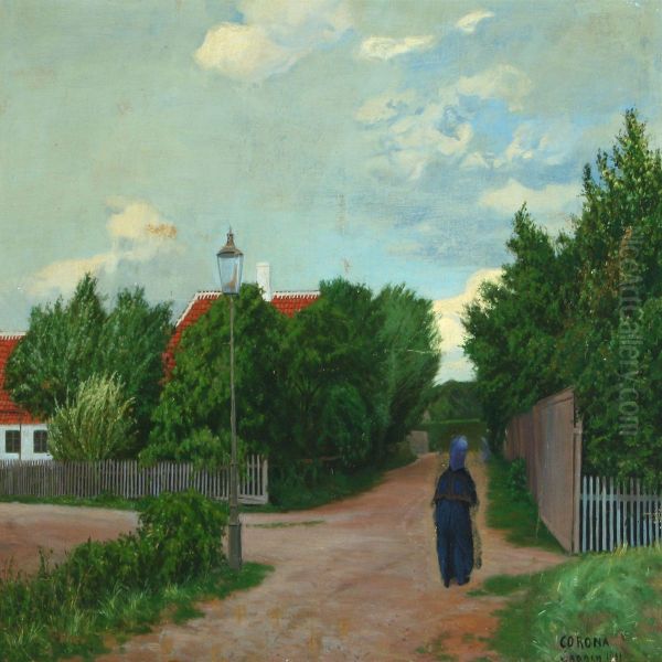 Summer Landscape Witholder Woman On A Path Oil Painting by Poul Corona