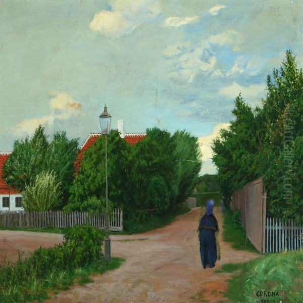 Summer Landscape With Older Woman On A Path Oil Painting by Poul Corona