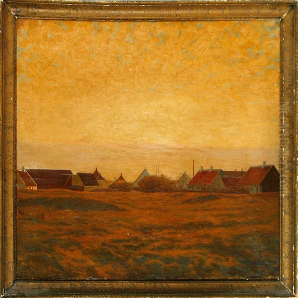 Sun Over Skagen With Houses In The Background Oil Painting by Poul Corona